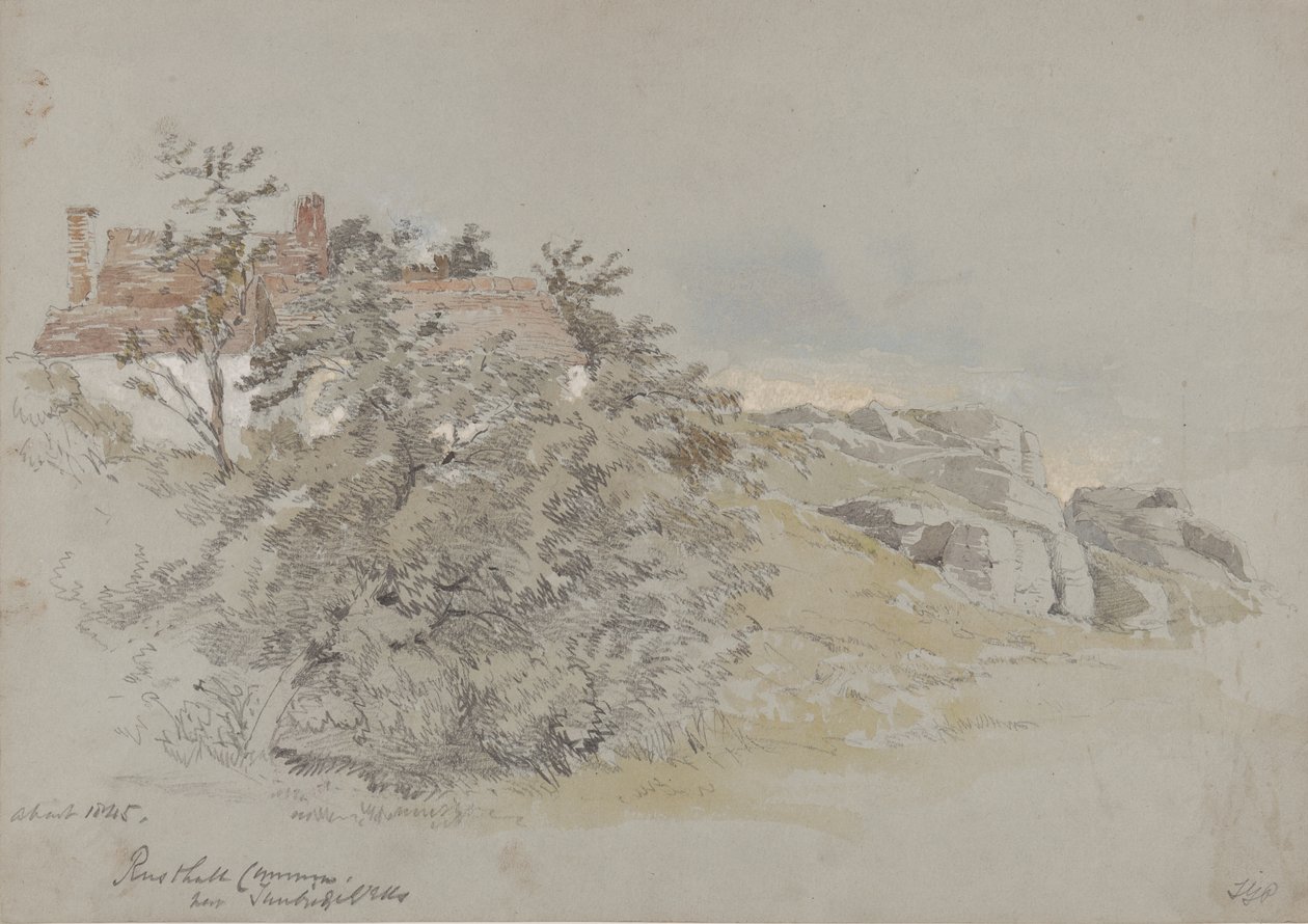 Rusthall Common, lähellä Tunbridge Wellsia, noin 1845 (lyijykynä, wc ja guassi paperille). tekijältä Samuel Gillespie Prout