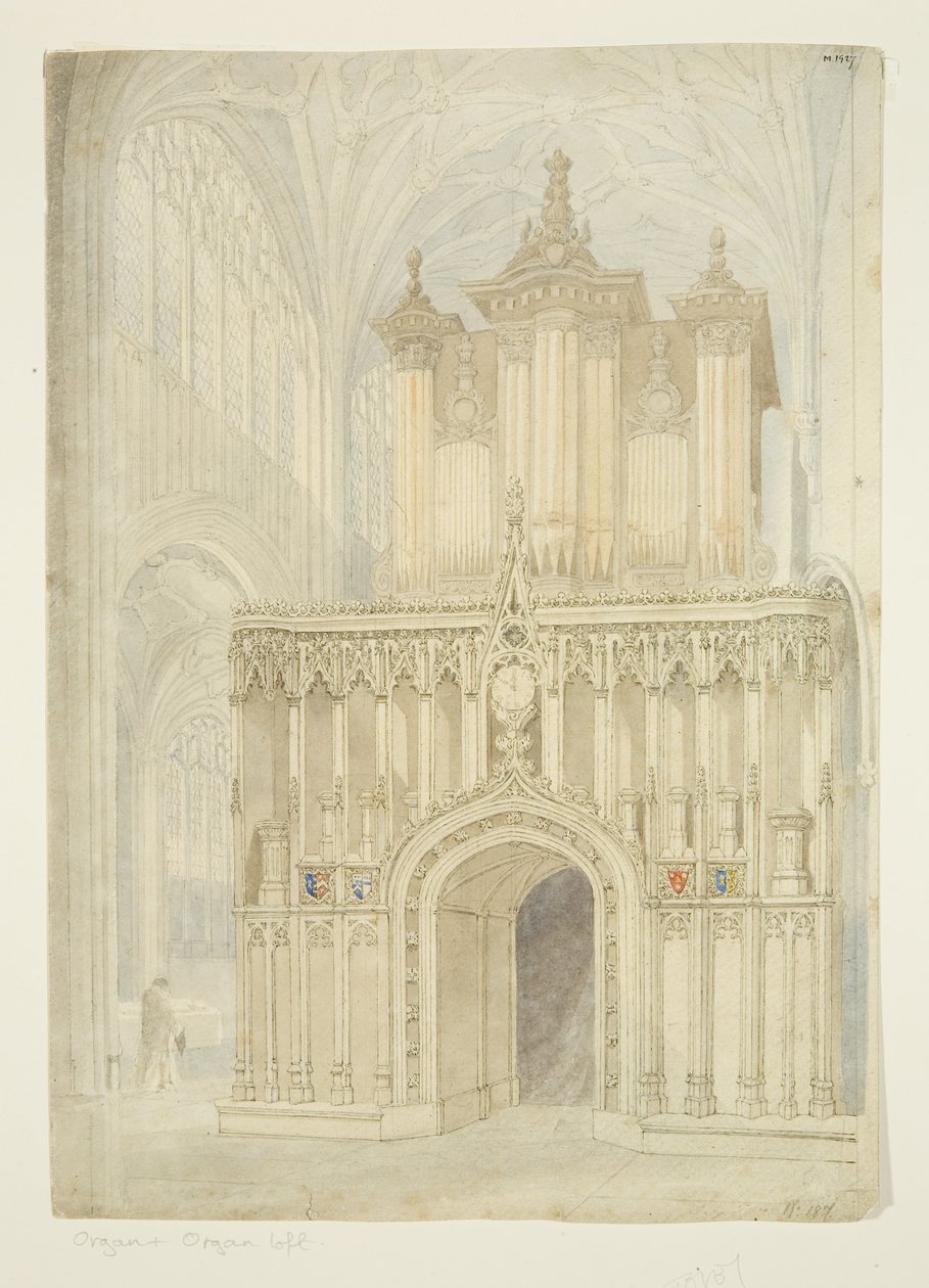 St Mary Redcliffe -kirkon urut ja urkuparvi, n. 1840 (kynä ja akvarelli paperille) tekijältä Samuel Griffiths Tovey