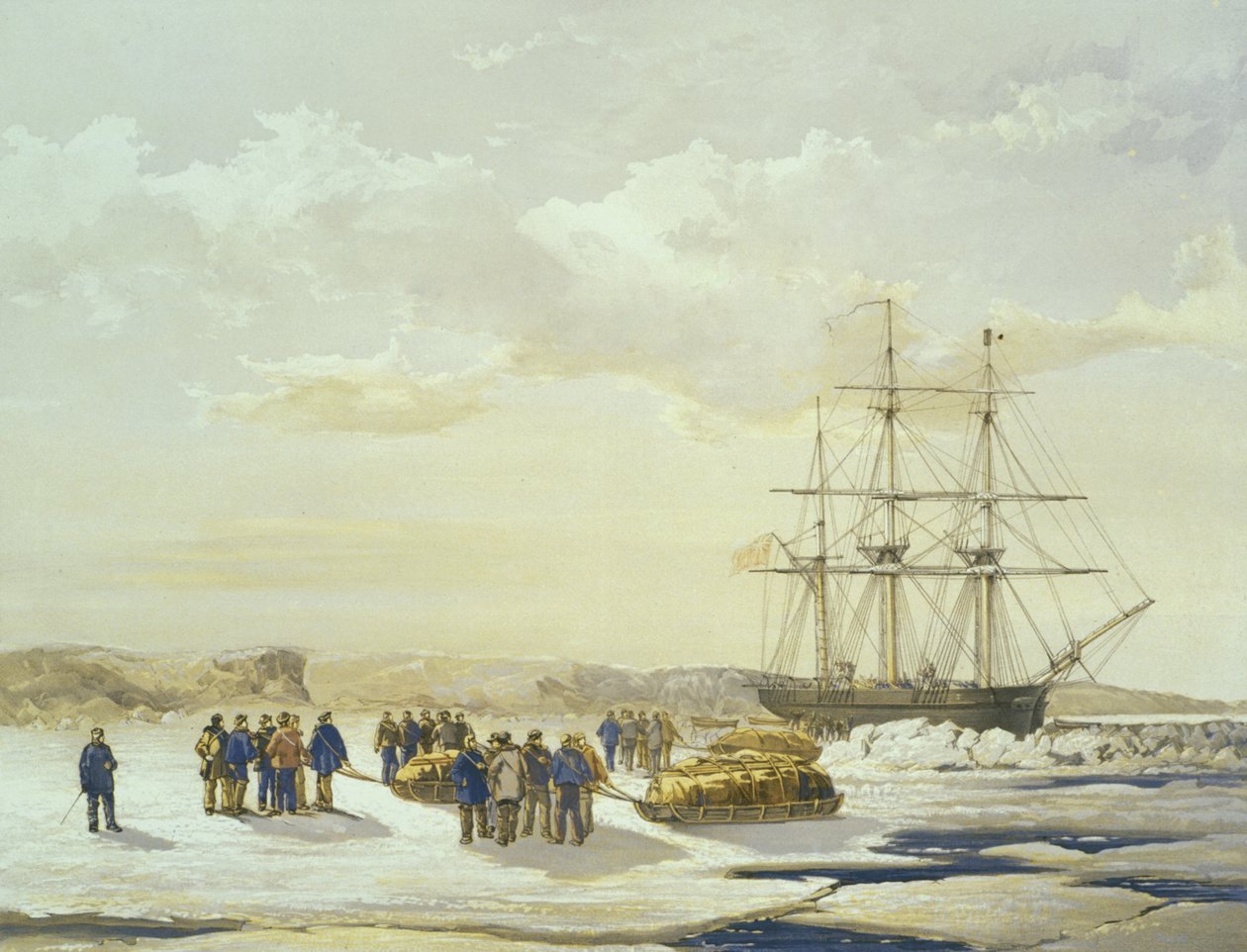 Kelkkabileet lähtevät H.M.S. Tutkija Mercy Bayssä, 15. huhtikuuta 1853, kaiverrus E. Walker, julkaissut Ackermann und Co., 1854 tekijältä Samuel Gurney Cresswell