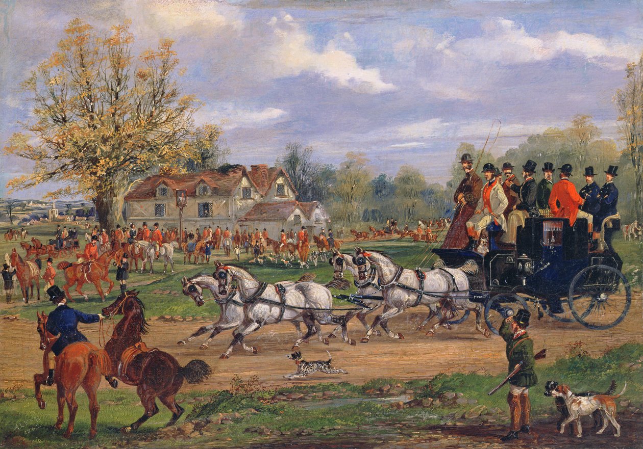 Lavavalmentaja ohittaa tapaamisen majatalon ulkopuolella, 1862 tekijältä Samuel Henry Alken
