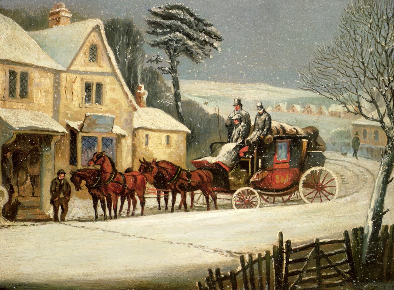 Talvikohtaus Royal Mail pysäytettynä majatalossa (öljy paneelissa) tekijältä Samuel Henry Alken