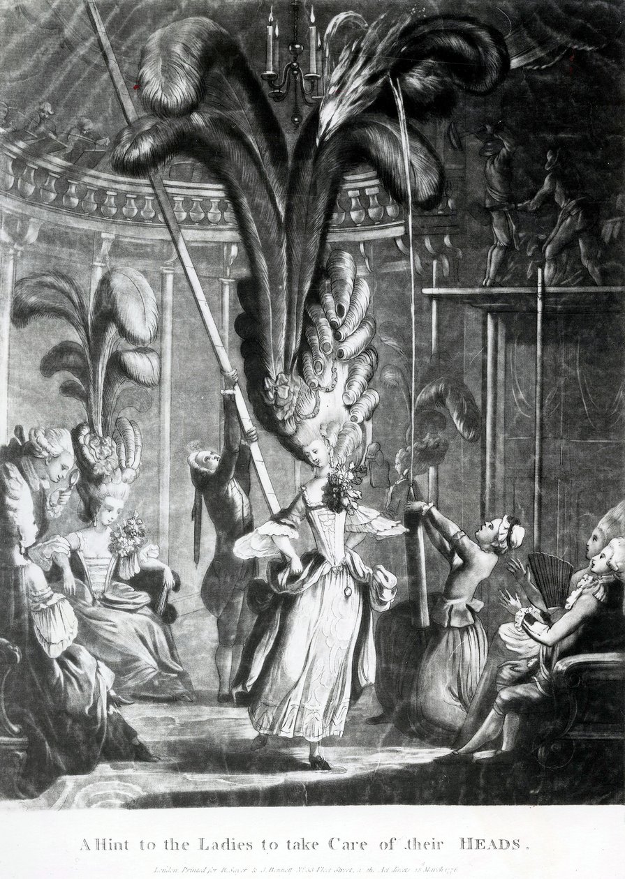 Vihje naisille pitää huolta päistään, julkaisija Sayer und Bennett (1774-1786), 1776 (mezzotint) tekijältä Samuel Hieronymous Grimm