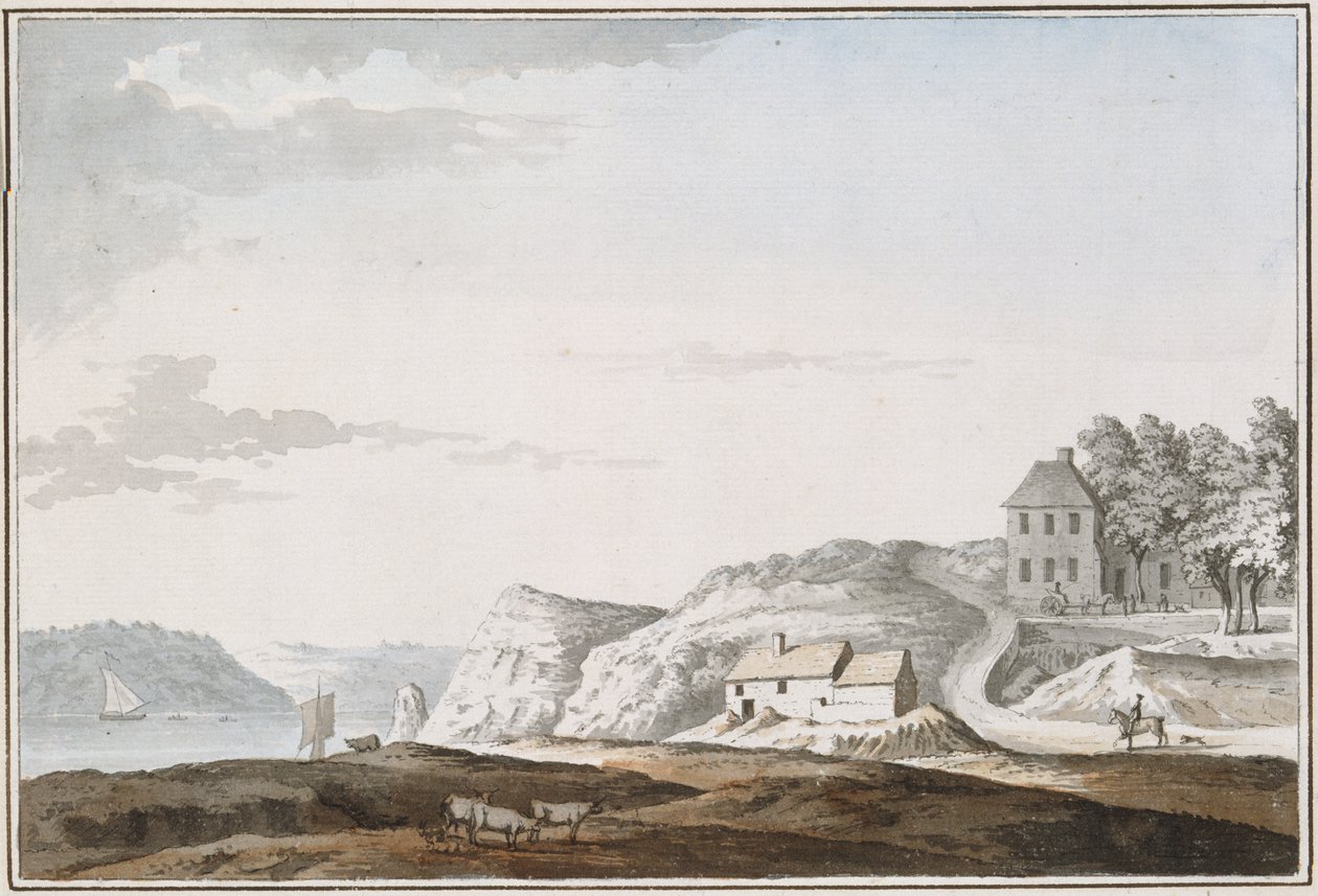 Aust Passage, Gloucestershire (vesiväri ja vartaloväri paperille) tekijältä Samuel Hieronymous Grimm