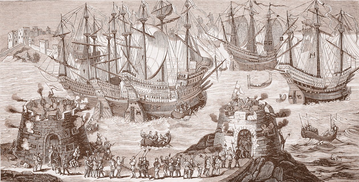 Henry VIII lähdössä Doveriin, The Royal Society of Antiquitiesin julkaisemasta isosta kirjasta tekijältä Samuel Hieronymous Grimm