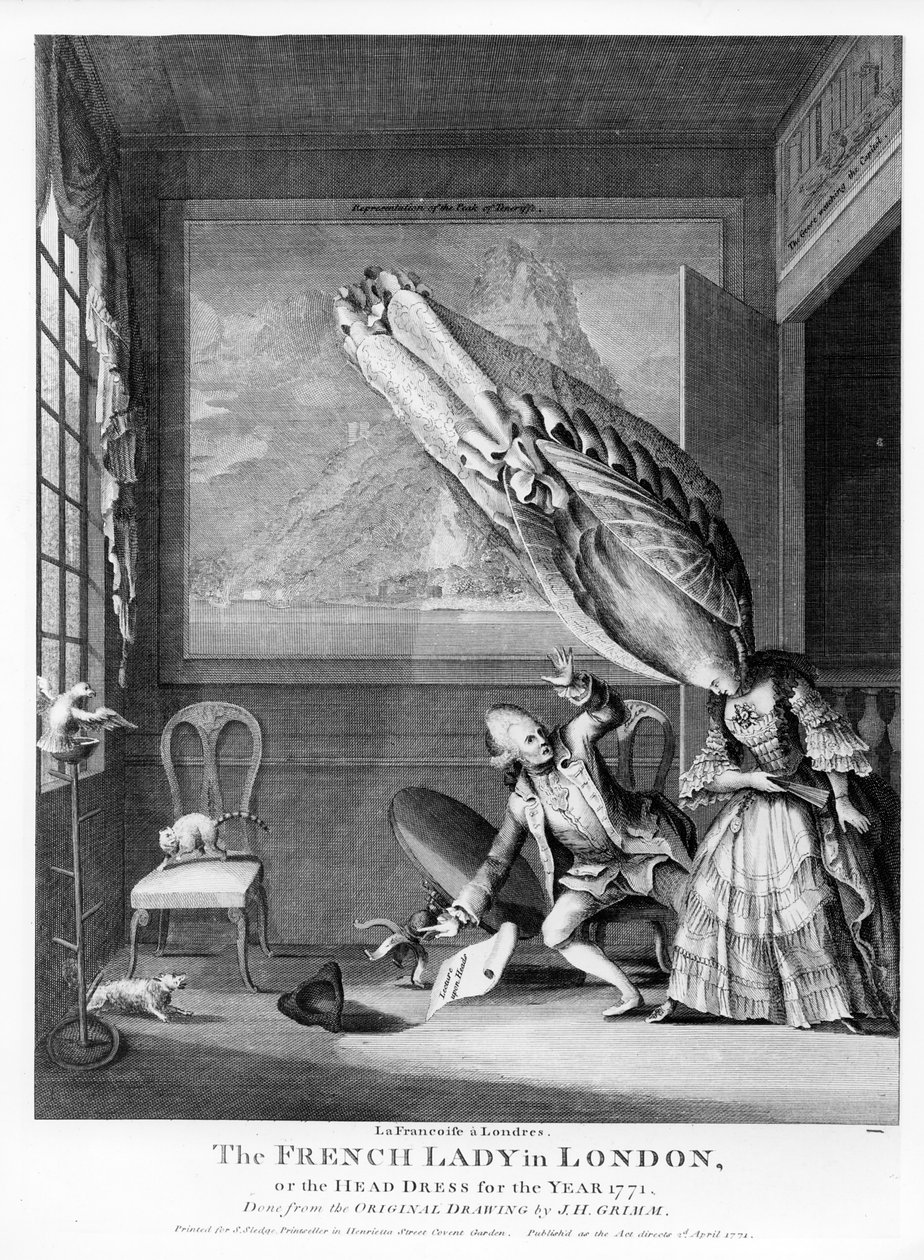 Ranskalainen nainen Lontoossa tai Vuoden päämekko 1771, painettu S. Sledgelle, 1771 tekijältä Samuel Hieronymous Grimm