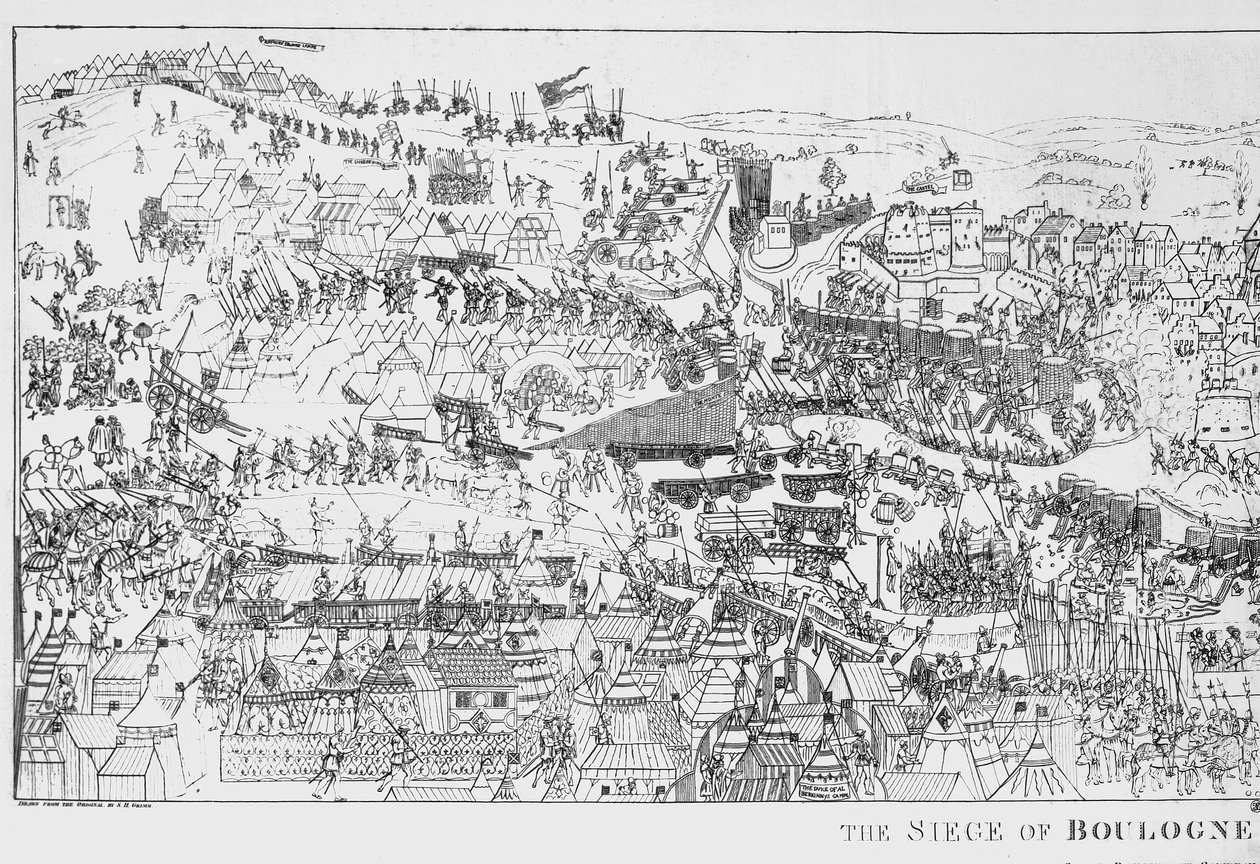 Kuningas Henrik VIII:n (1491-1547) Boulognen piiritys vuonna 1544, kaiverrettu James Basire, 1788 (ks. myös 106603). tekijältä Samuel Hieronymous Grimm