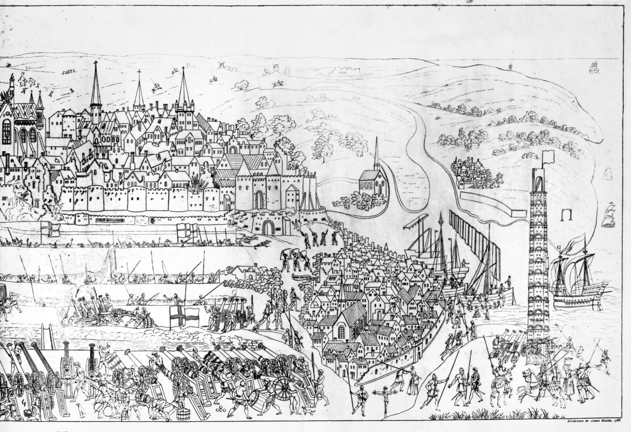 Kuningas Henrik VIII:n (1491-1547) Boulognen piiritys vuonna 1544, kaiverrus James Basire, 1788 (katso myös 106602) tekijältä Samuel Hieronymous Grimm
