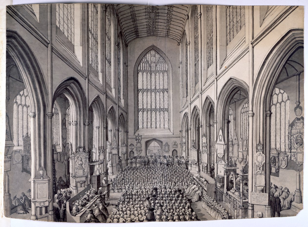 Näkymä itäpäästä Bath Abbeyn sisäpihalle seurakunnan kanssa tekijältä Samuel Hieronymous Grimm