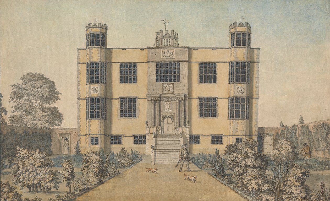 Barlborough Hall, lähellä Chesterfieldiä, Derbyshire: Hallin päärintama tekijältä Samuel Hieronymus Grimm