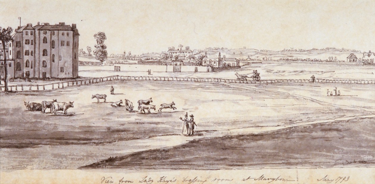 "Näkymä Lady Kayen pukuhuoneesta Marylebonessa", 1793 tekijältä Samuel Hieronymus Grimm
