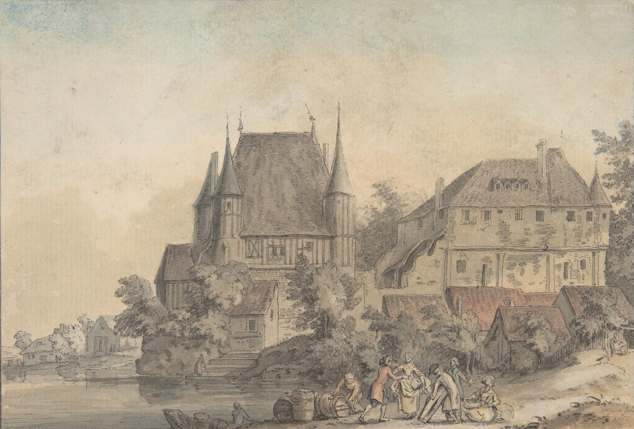 Näkymä kylästä joen varrella, 1766. tekijältä Samuel Hieronymus Grimm