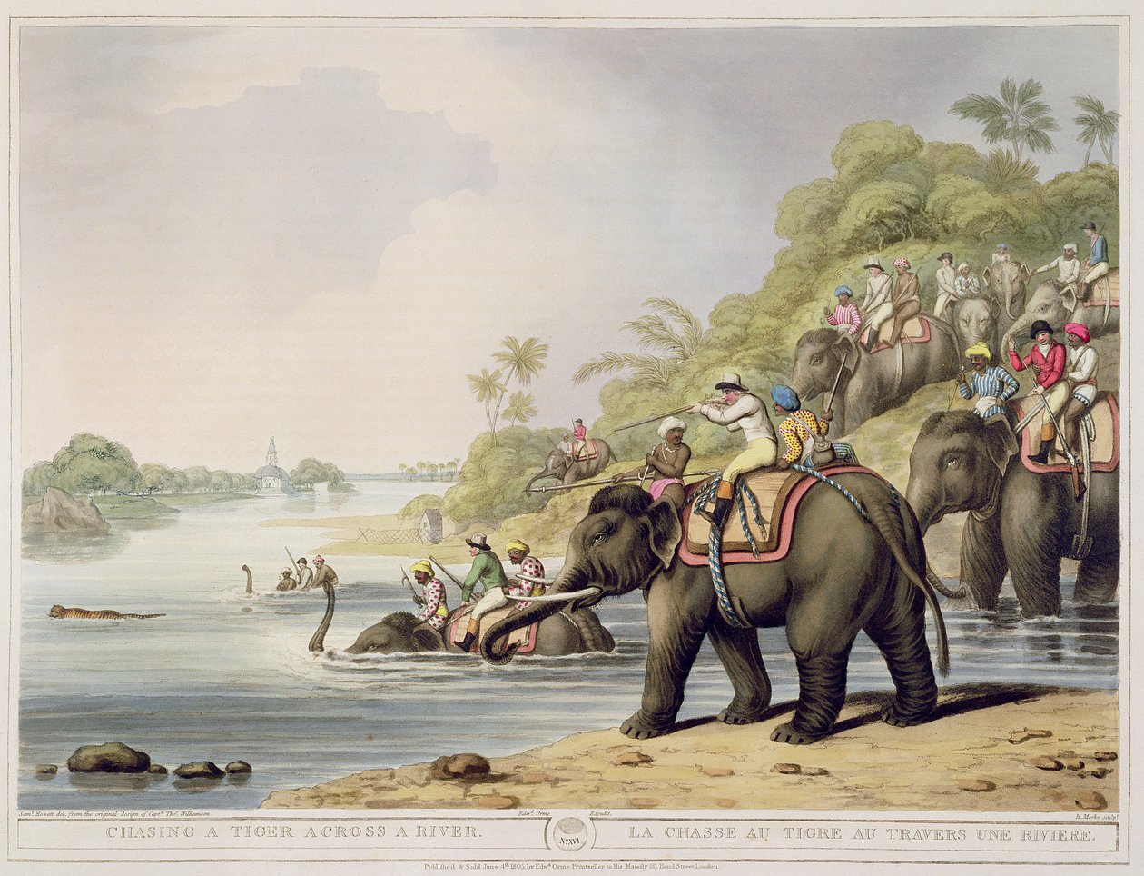 Jahtaa tiikeria joen poikki, Oriental Field Sportsin pubista. kirjoittanut Edward Orme, 1807 (painettu) tekijältä Samuel Howett