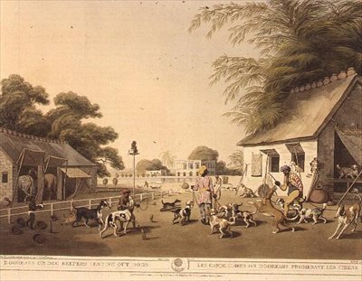 "Dooreahs or Dog Keepers Leading Out Dogs", Samuel Howettin (1756-1822) Oriental Field Sportsista, pub. Kirjailija: Edward Orme tekijältä Samuel Howett