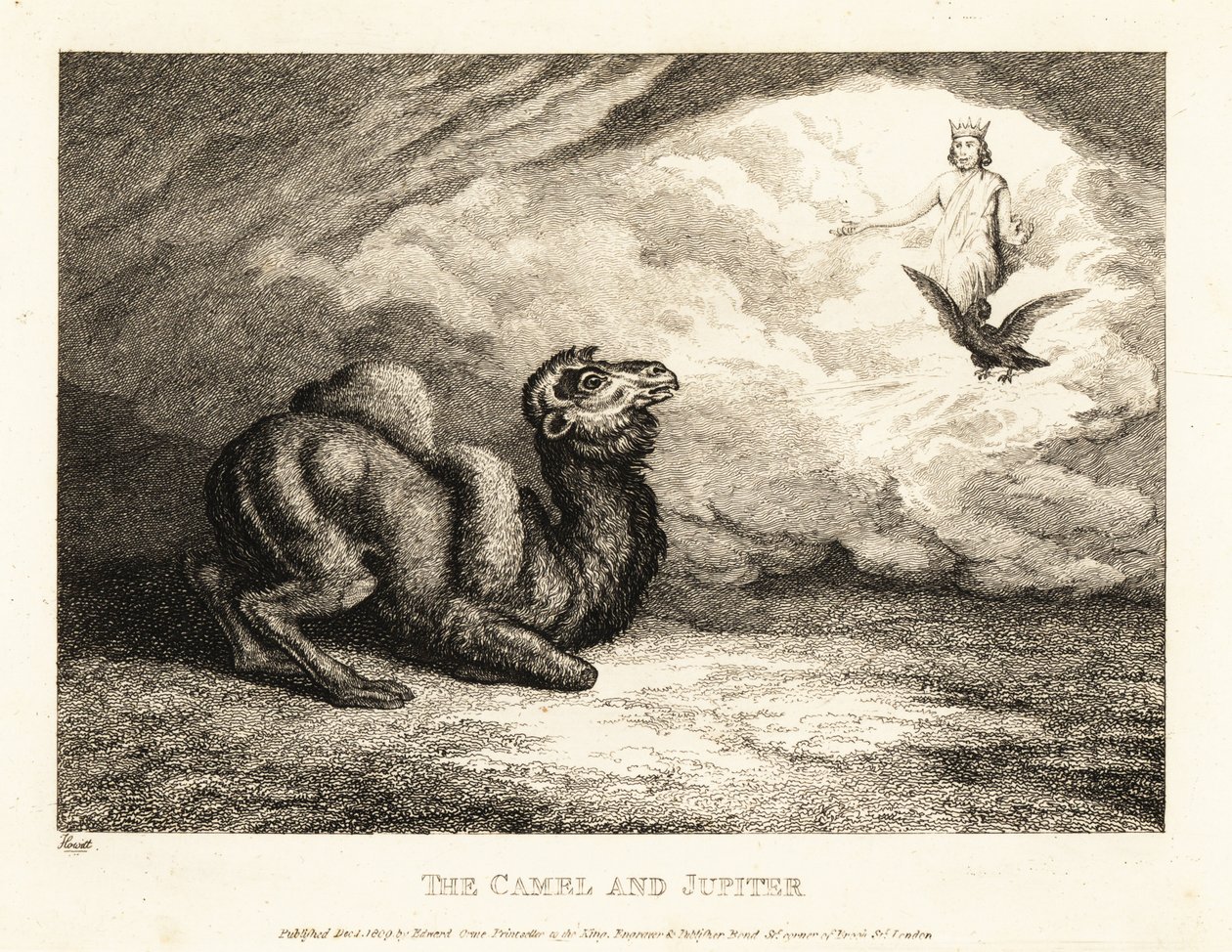Kameli kerjäämässä Jupiterilta sarvia. 1811 (etsaus) tekijältä Samuel Howitt