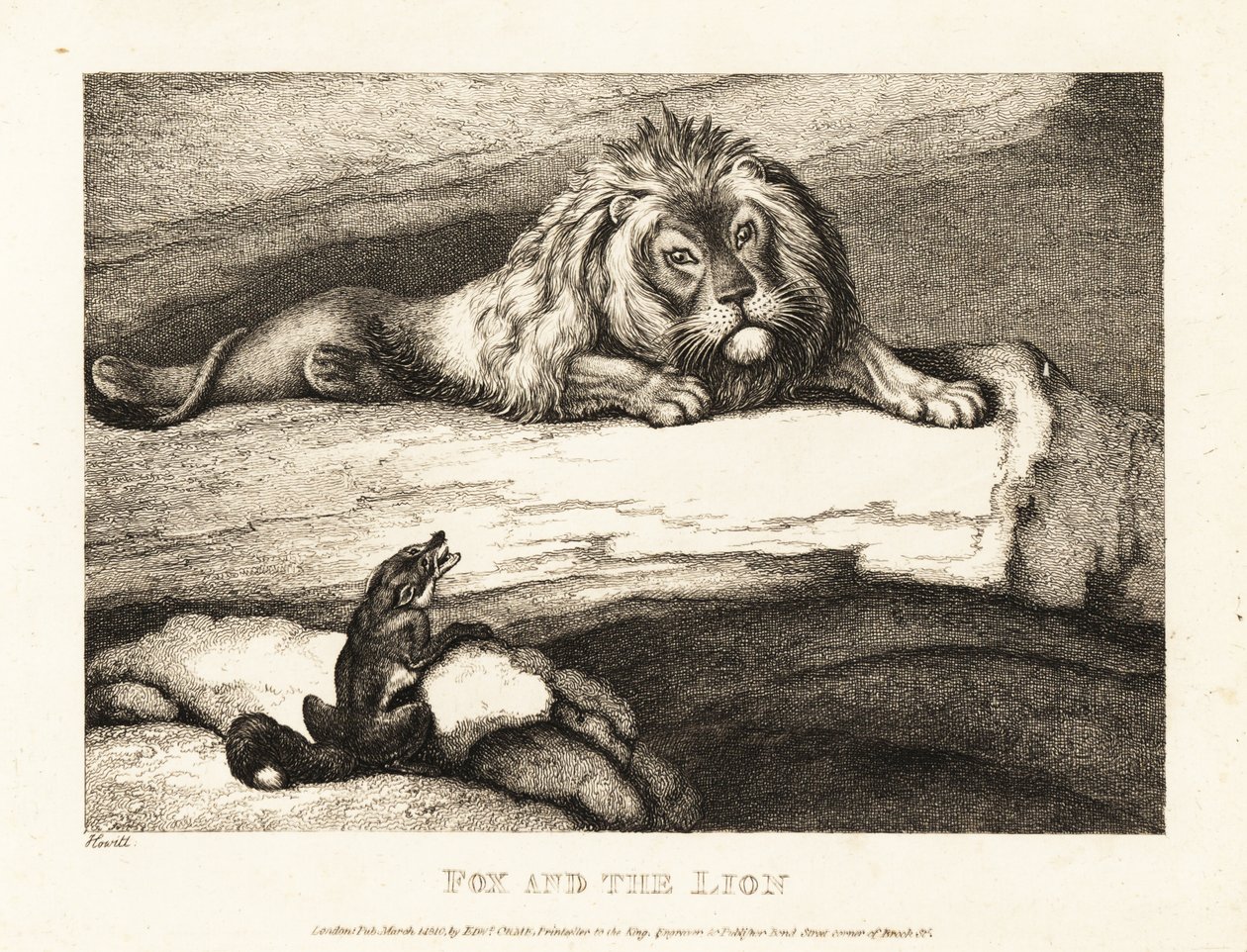 Kettu lähestyy typerästi urosleijonaa luolassaan. 1811 (etsaus) tekijältä Samuel Howitt