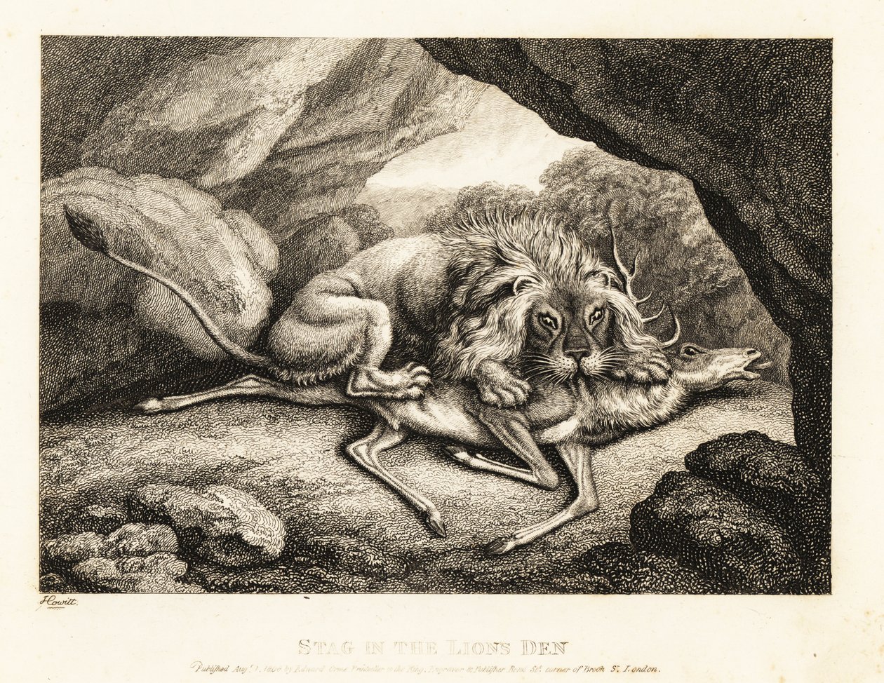 Leijona syö polttarin ruhoa luolassa. 1811 (etsaus) tekijältä Samuel Howitt