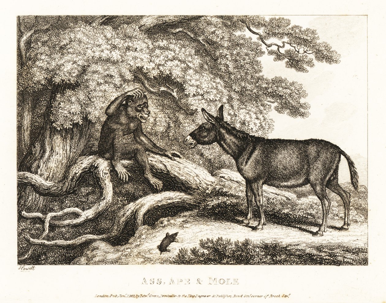 Apina ja aasi valittavat, kunnes myyrä hiljentää heidät. 1811 (etsaus) tekijältä Samuel Howitt