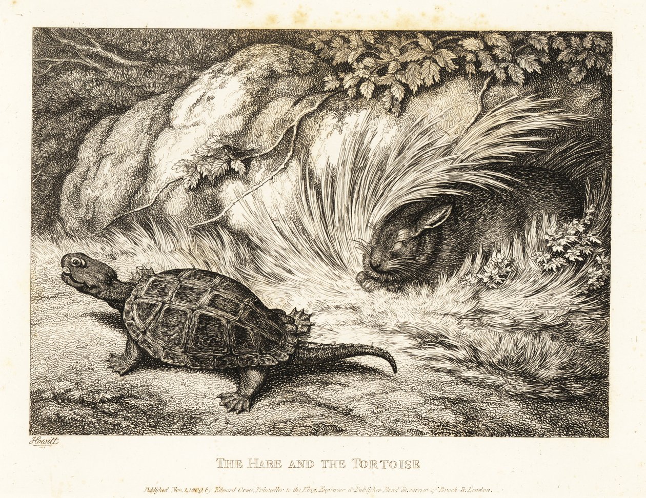Kilpikonna ohittaa nukkuvan jänisen kisassa. 1811 (etsaus) tekijältä Samuel Howitt