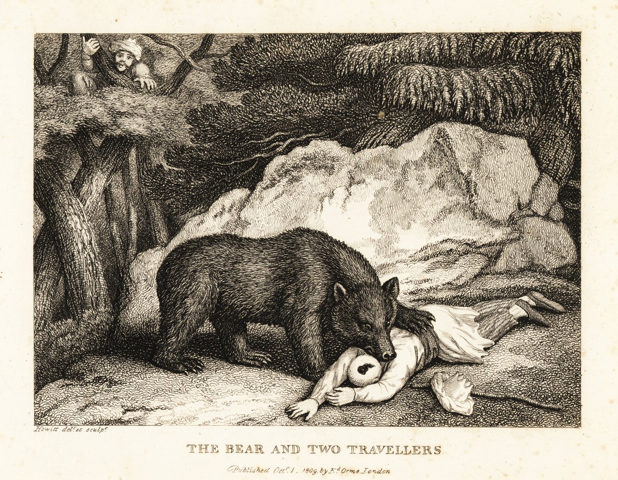 Turbaaniin pukeutunut matkustaja leikkii kuolleena karhun kimppuun. 1811 (etsaus) tekijältä Samuel Howitt