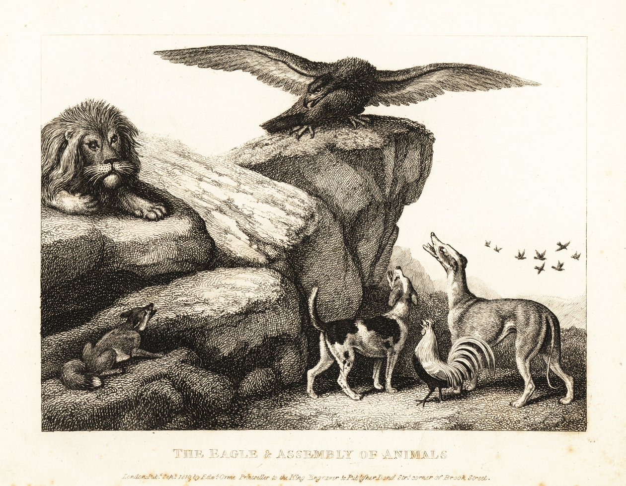 Jupiterin lintu varoittaa eläinten joukkoa. 1811 (etsaus) tekijältä Samuel Howitt