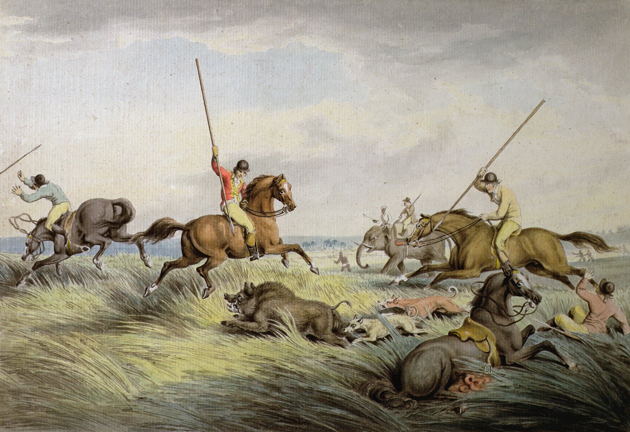 The Hog Chase - The Kill, Ormen brittiläisten urheilukuvien kokoelmasta, 1822 tekijältä Samuel Howitt