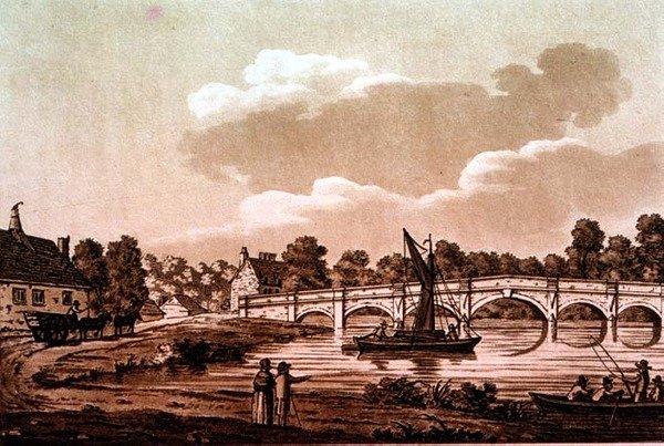 Chertsey Bridge, kuvitus julkaisusta "Picturesque Views of the Thames", pubi. 1799 (etsaus, akvatinta) tekijältä Samuel Ireland