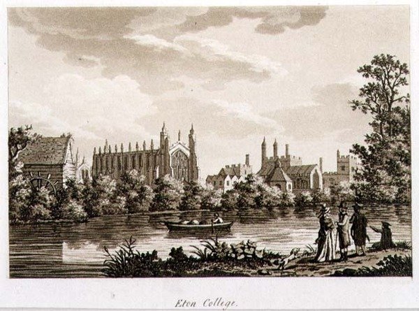 Eton College, kuvitus julkaisusta "Picturesque Views of the River Thames", pub. 1799 (etsaus, akvatinta) tekijältä Samuel Ireland