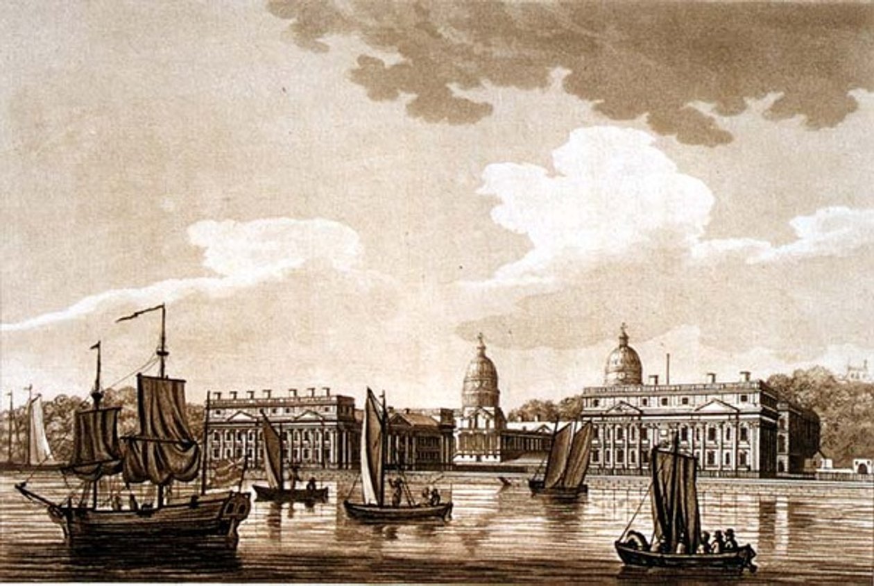 Greenwich Hospital, kuvitus julkaisusta "Picturesque Views of the Thames", pubi. 1799 (etsaus, akvatinta) tekijältä Samuel Ireland