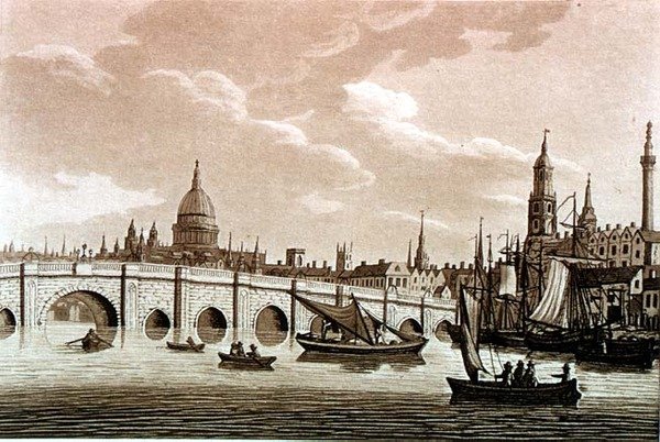 London Bridge, kuva "Picturesque Views of the Thames", pub. 1799 (etsaus, akvatinta) tekijältä Samuel Ireland
