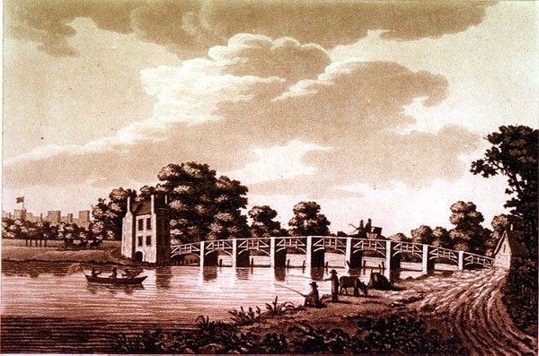Kaakkoisnäkymä Datchet-sillalle, kuva julkaisusta "Picturesque Views of the Thames", pub. 1799 (etsaus, akvatinta) tekijältä Samuel Ireland