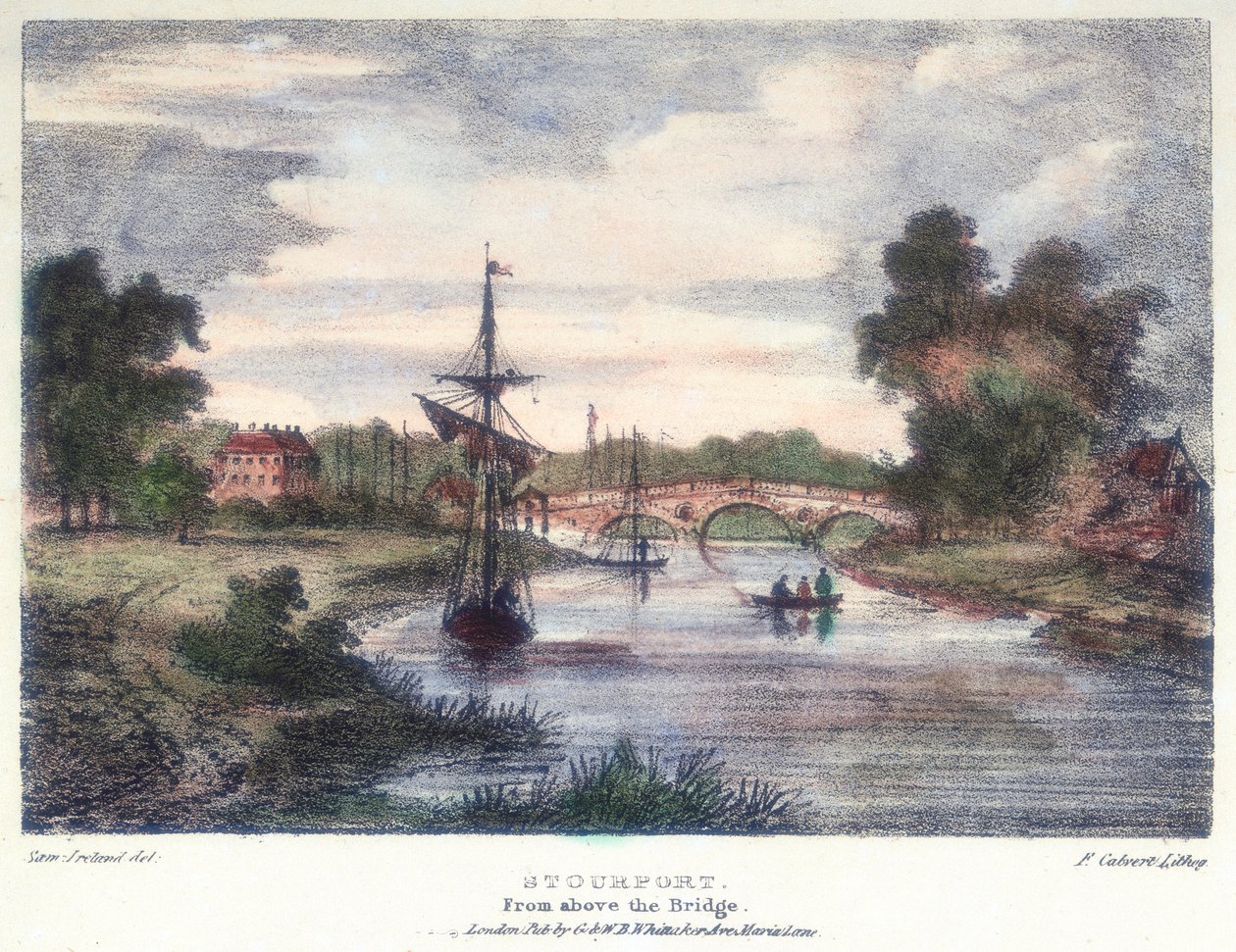 Stourport-on-Severn, Worcestershire, sillan yläpuolelta, c1795. tekijältä Samuel Ireland