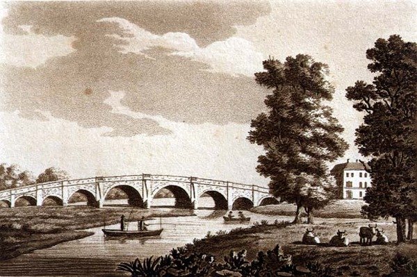 Walton Bridge, Surrey, kuva julkaisusta "Picturesque Views of the River Thames", pub. 1799 (etsaus, akvatinta) tekijältä Samuel Ireland