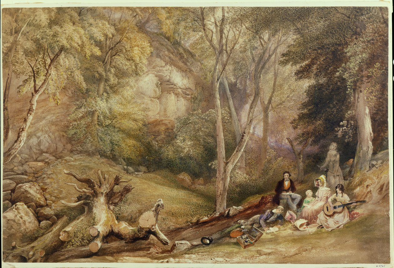Piirustusjuhlat Leigh Woodsissa, n. 1830 (kynä, akvarelli ja vartaloväri paperille) tekijältä Samuel Jackson