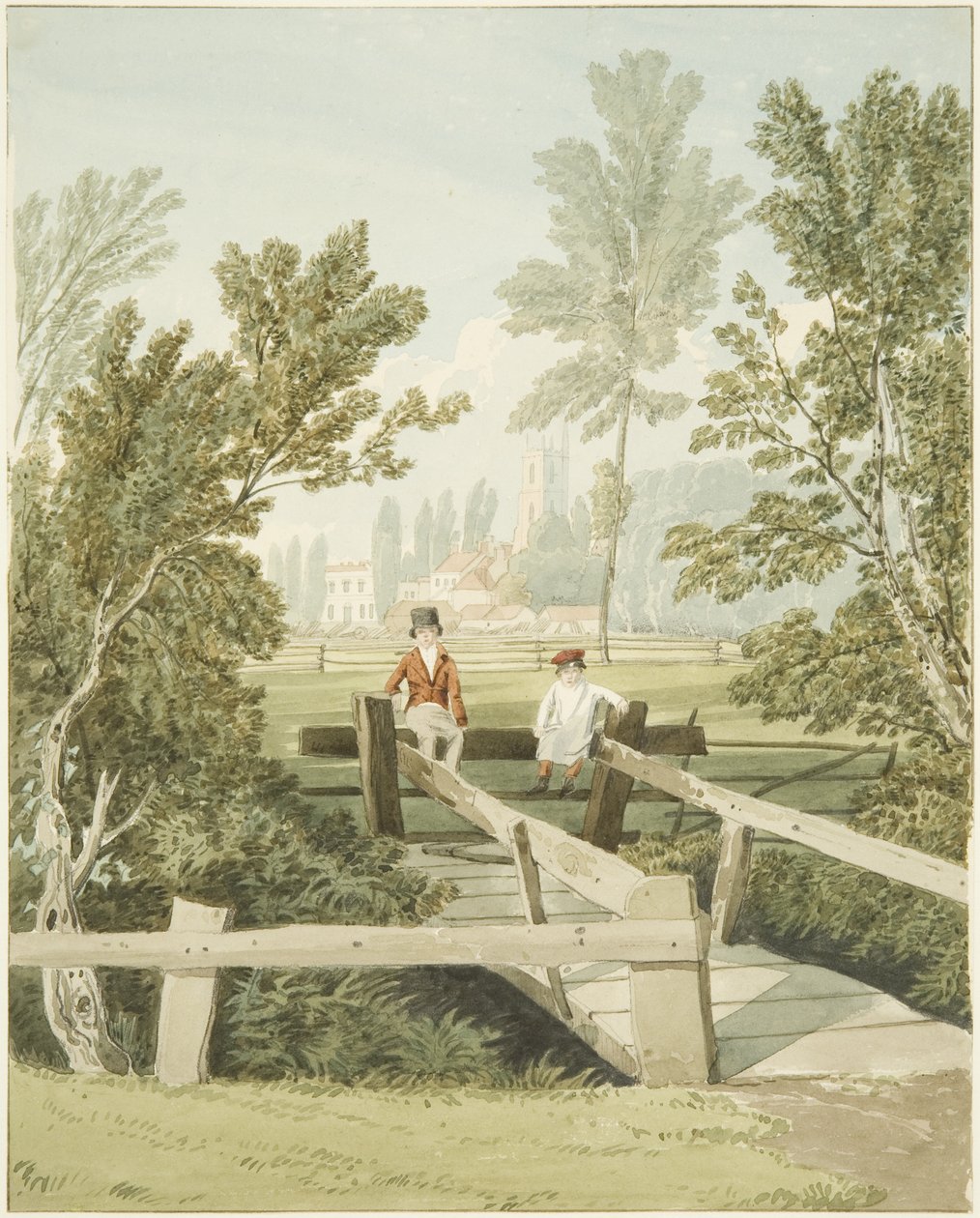 Kaksi poikaa varastamassa Brislington Brookissa, n. 1824 (kynä ja akvarelli paperilla) tekijältä Samuel Jackson