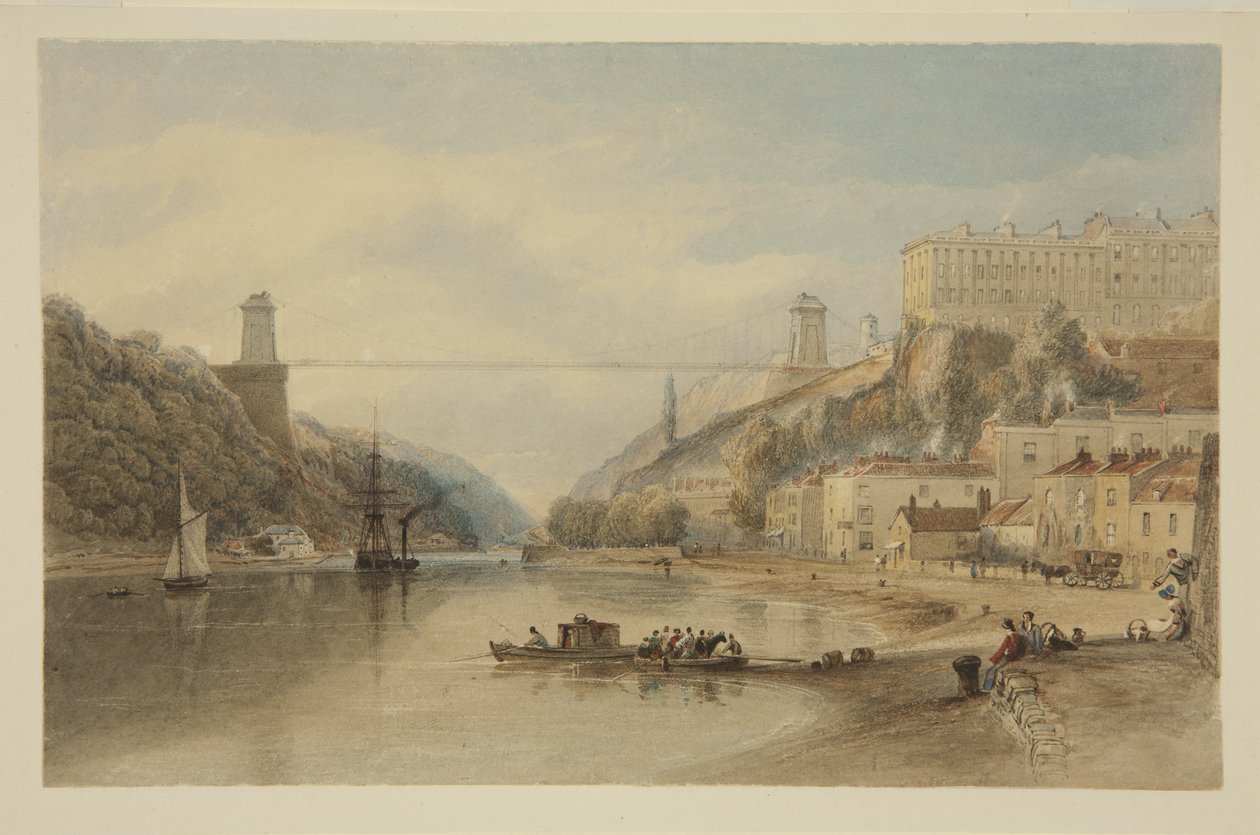 Näkymä Avonille Hotwellsissa: The Proposed Suspension Bridge, n. 1836 (kynä ja akvarelli paperilla) tekijältä Samuel Jackson