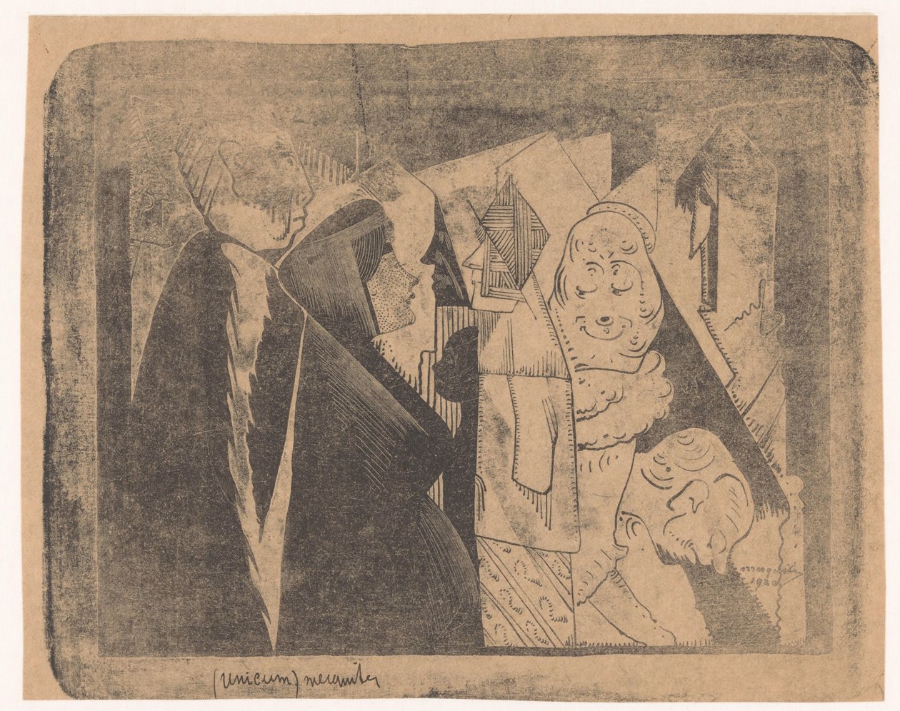 Fantasia: erilaisia ​​hahmoja, toinen vasemmalta nainen, jolla on täplikäs kasvot profiilissa oikealle tekijältä Samuel Jessurun de Mesquita (signed by artist)