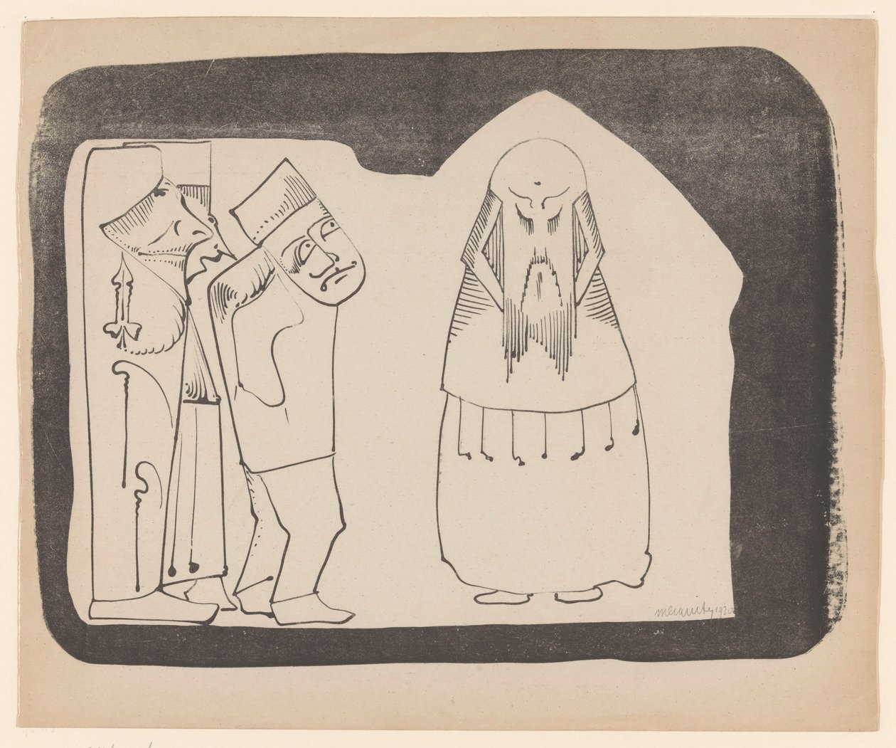 Fantasia: vasemmalla kolme oikealla olevaa hahmoa, oikealla frontaalinen kiinalainen hahmo tekijältä Samuel Jessurun de Mesquita (signed by artist)