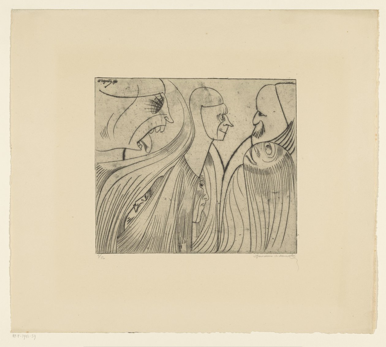 Ryhmä hahmoja ja kasvot kieli ulos tekijältä Samuel Jessurun de Mesquita (signed by artist)
