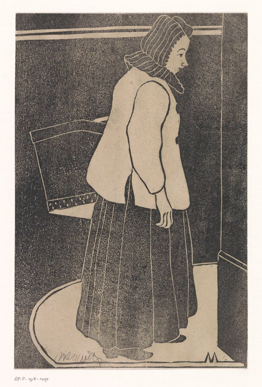 Nainen laatikolla tai korilla tekijältä Samuel Jessurun de Mesquita (signed by artist)