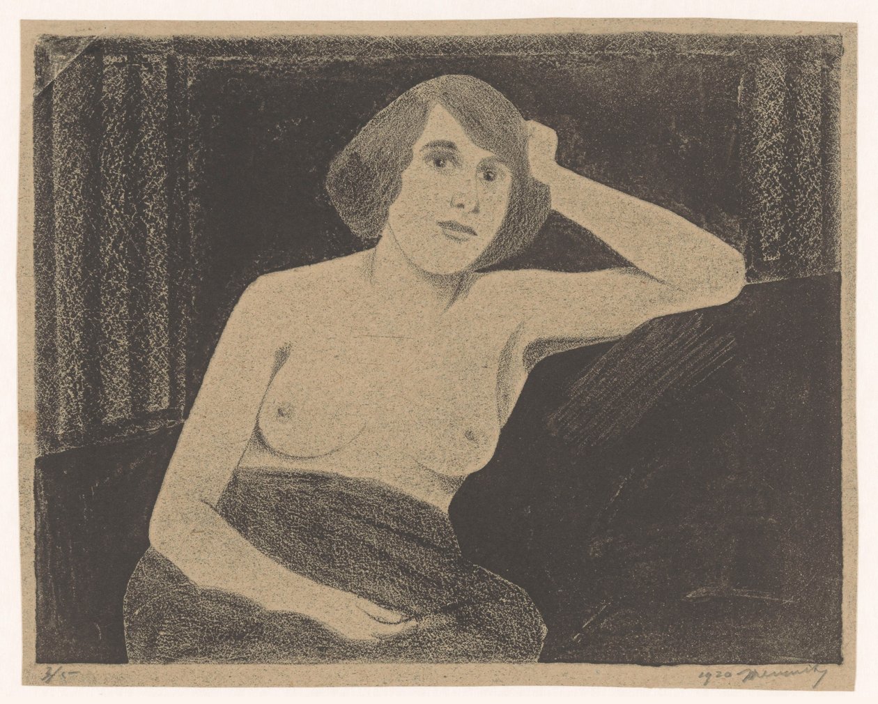 Nainen alaston, istuu sohvalla, käsi päätä vasten tekijältä Samuel Jessurun de Mesquita (signed by artist)