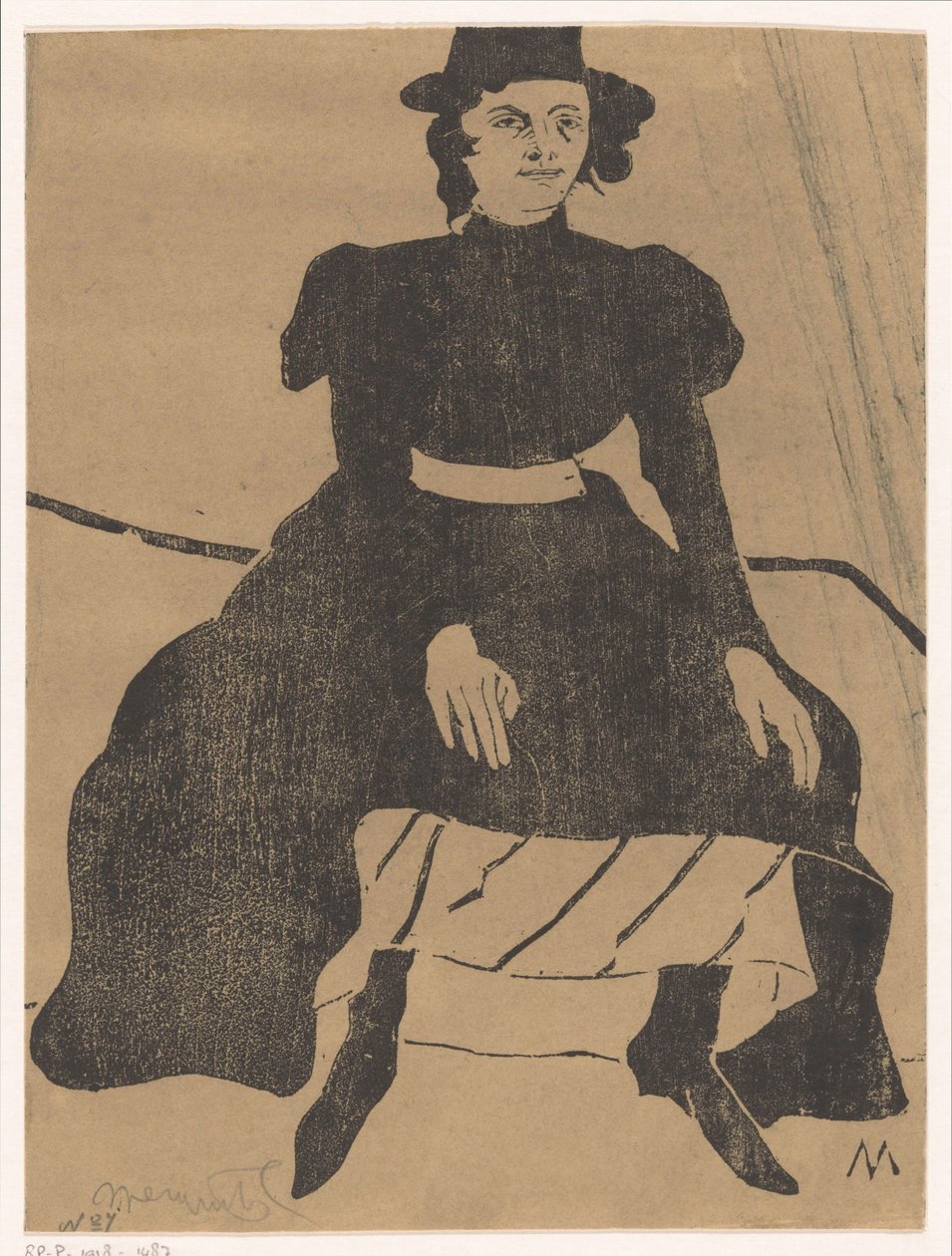 Istuva nainen hattu ja musta mekko, kädet polvillaan tekijältä Samuel Jessurun de Mesquita (signed by artist)