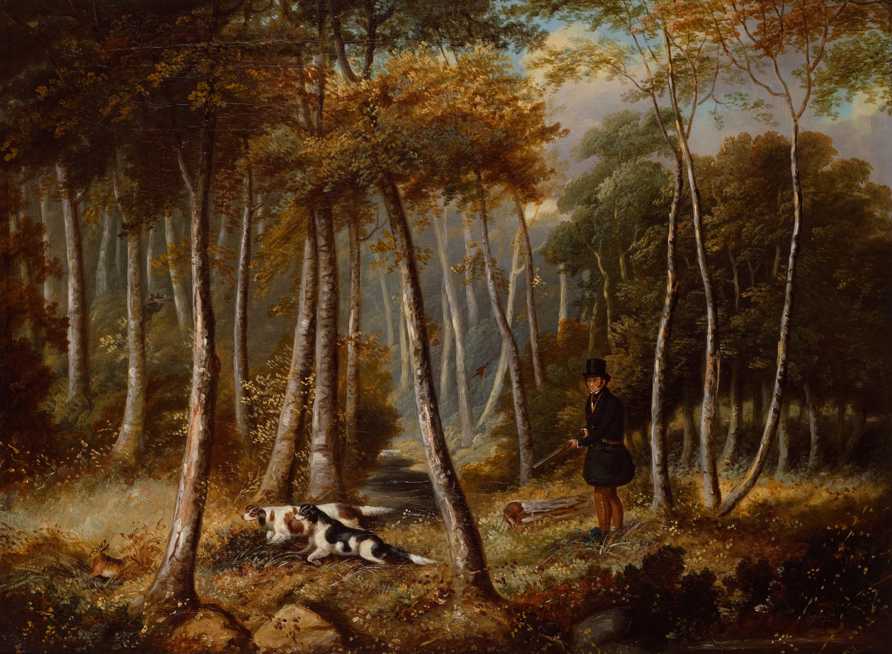 Metsästyskohtaus, uudisasukkaat huuhtelemassa jänistä (öljy kankaalle) tekijältä Samuel John Egbert Jones
