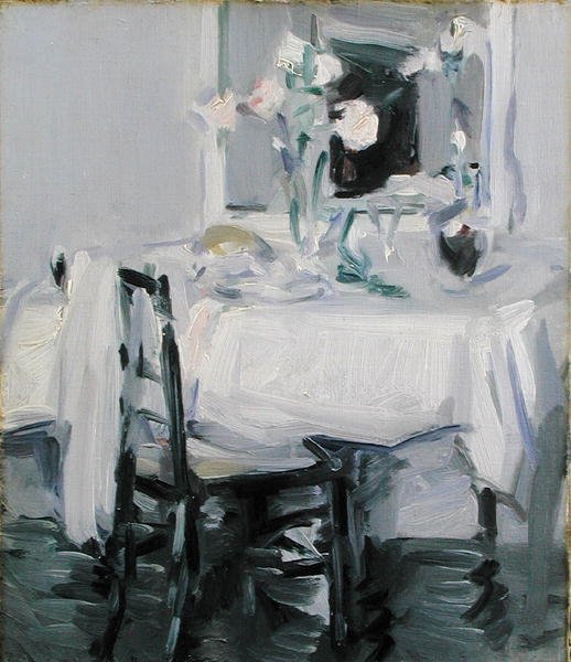 Sisustus ruusuilla maljakossa pöydällä (öljy kankaalle) tekijältä Samuel John Peploe
