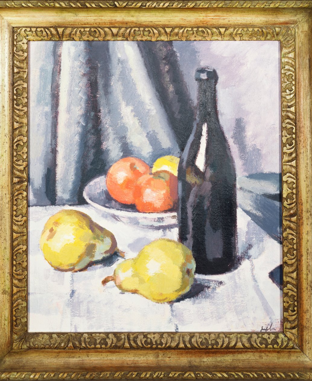Omenat, päärynät ja musta pullo päällystetyllä pöydällä, n. 1928 tekijältä Samuel John Peploe