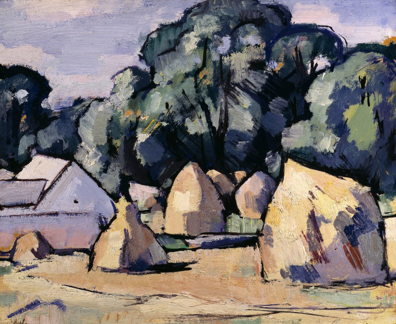 Lagganin maatilarakennukset Dalbeattien lähellä (öljy paneelissa) tekijältä Samuel John Peploe