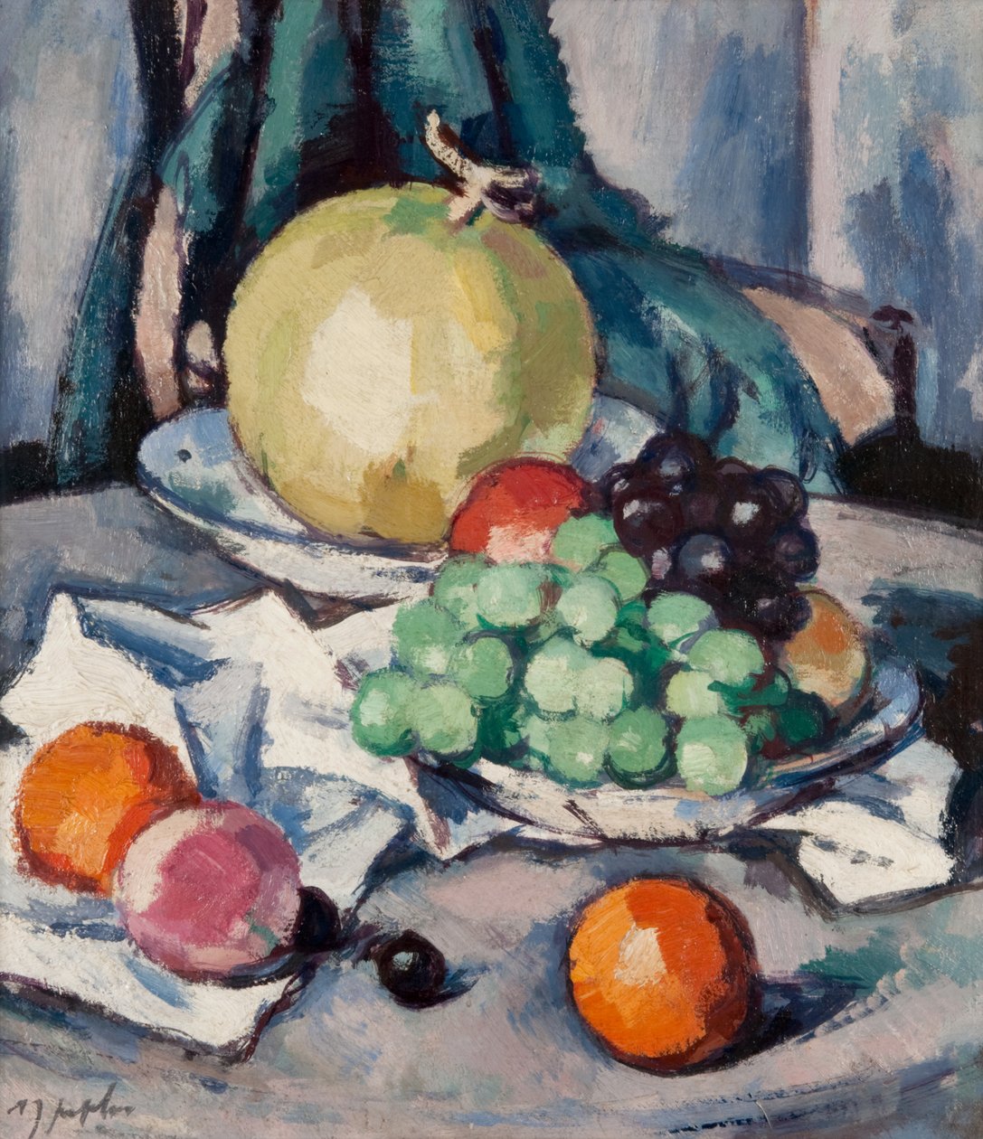 Sekahedelmä - meloni, viinirypäleet ja omenat, n. 1926 (öljy kankaalle) tekijältä Samuel John Peploe