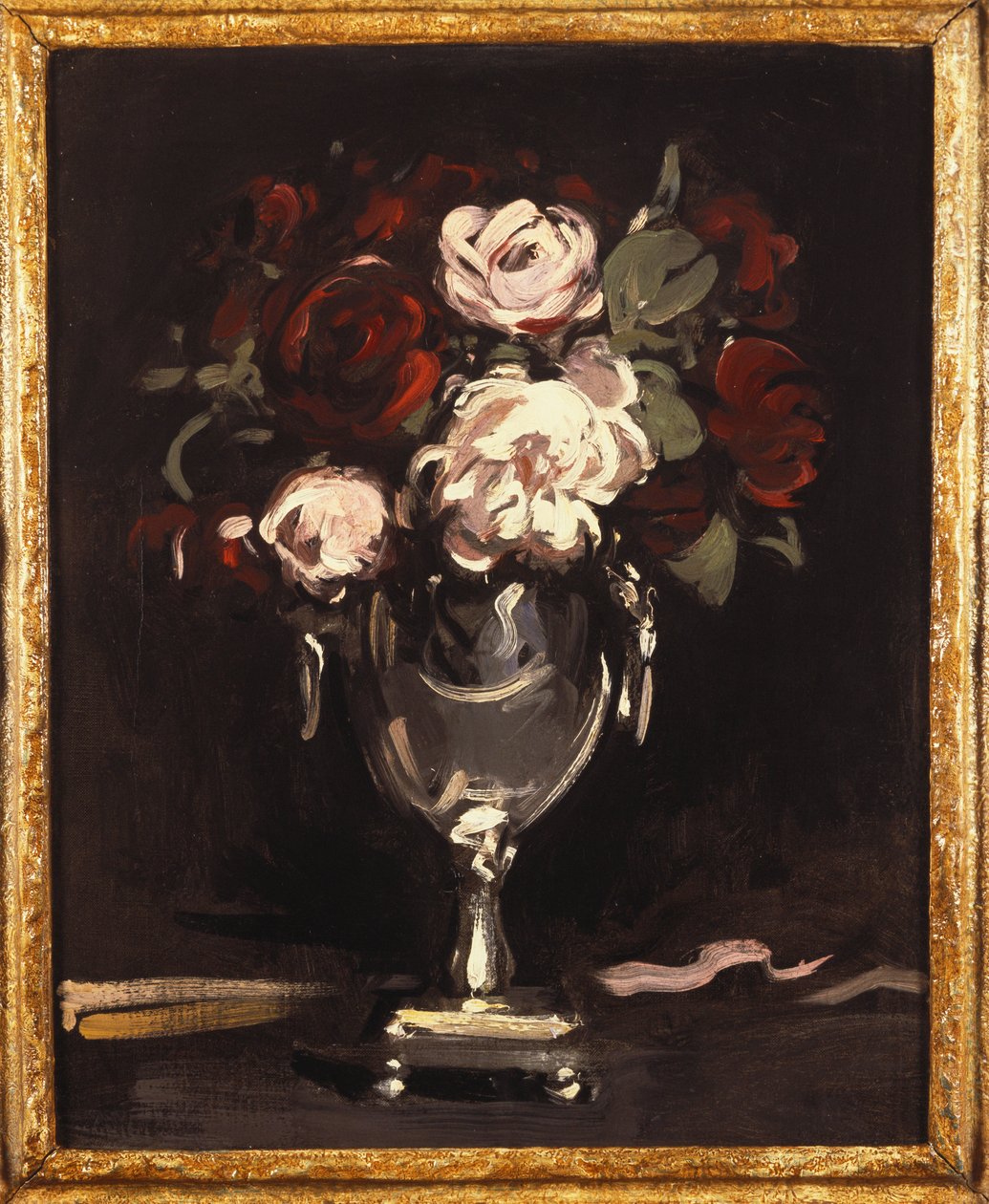 Punaisia ja valkoisia ruusuja hopeaurnissa, n. 1897 tekijältä Samuel John Peploe