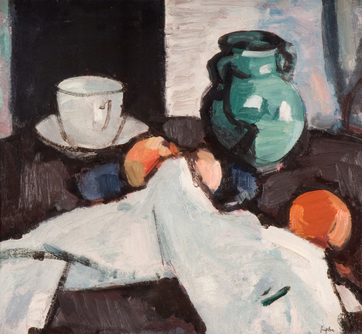 Asetelma hedelmäkulholla, kannulla, kupilla ja lautasella, 1927-29. tekijältä Samuel John Peploe