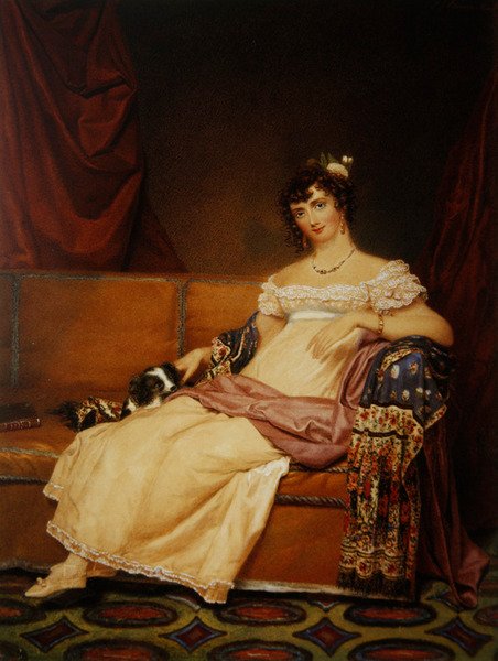 Lady Waterhouse istuu sohvalla spanielinsa kanssa (akvarelli paperille) tekijältä Samuel John Stump