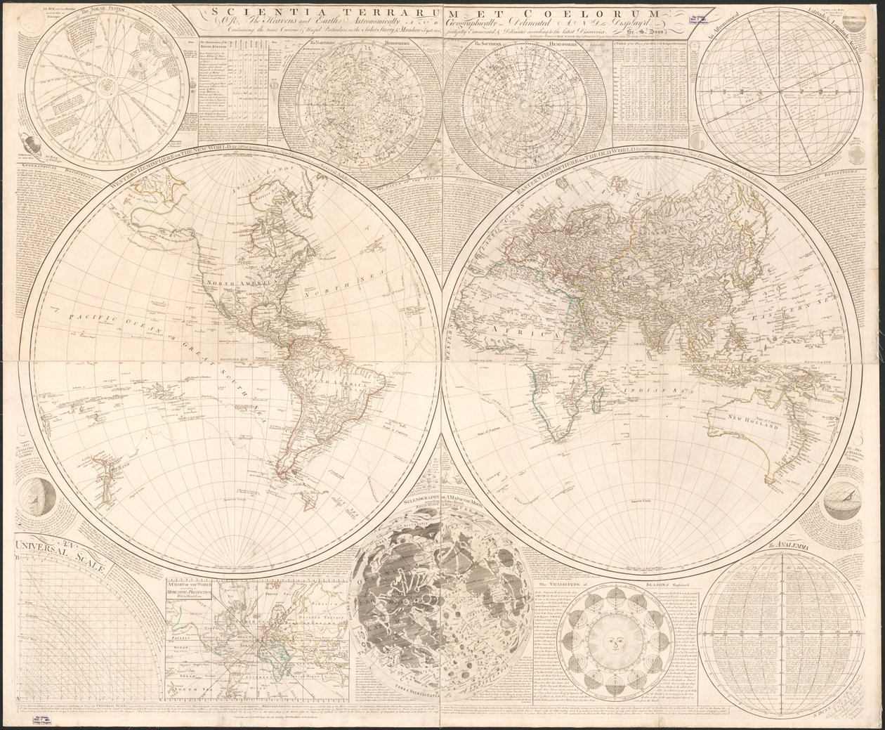 Scientia terrarum et coelorum: tai taivas ja maa tähtitieteellisesti ja maantieteellisesti rajattu ja esitelty: sisältää uteliaisimmat ja hyödyllisimmät tiedot auringon tähti- ja maallisista järjestelmistä, lueteltu ja rajattu tarkasti t:n mukaan. tekijältä Samuel; Kitchin Dunn
